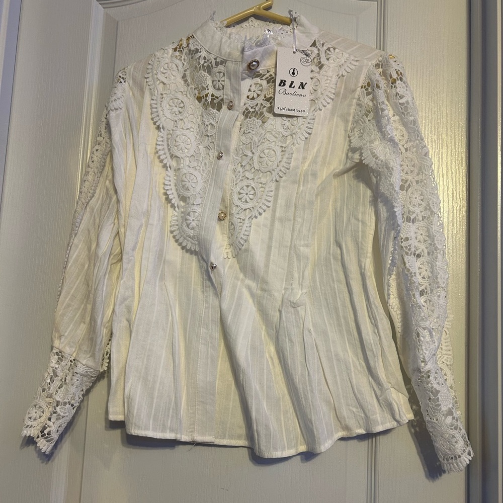 Women's Collar Cotton Solid Color Lace Hollow Long Sleeve Lace